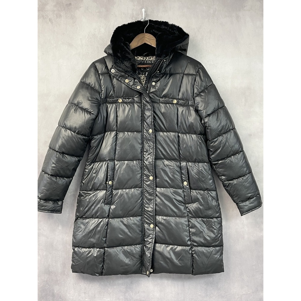 Jessica Simpson Women Puffer Coat Size M Black Quilted Faux Fur Hood Mob Wife